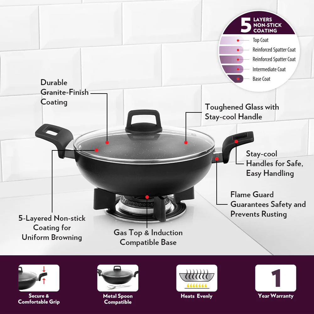 Borosil Granito Nonstick Kadhai + Lid, 26 cm