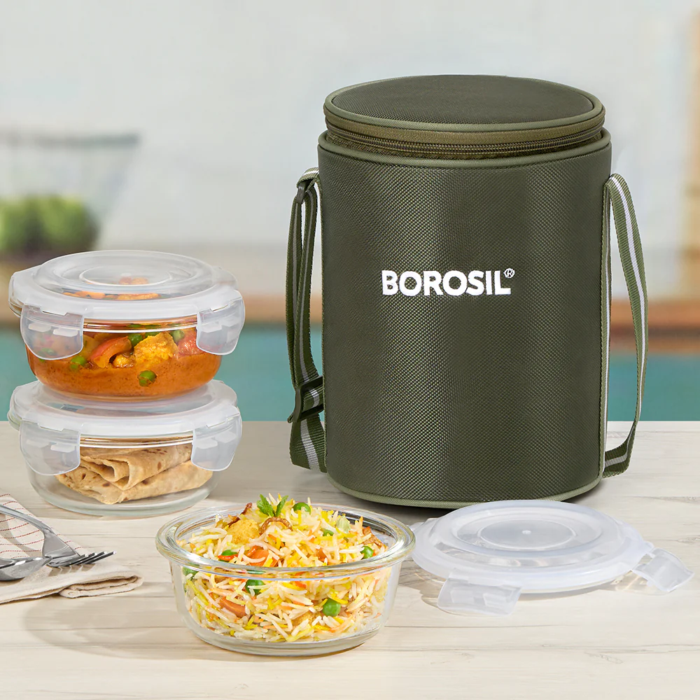 Borosil Eateasy Glass Lunchbox, Round x 3, 400ml x 3