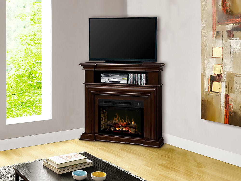 Montgomery Corner Electric Fireplace Media Console in Espresso with Logs