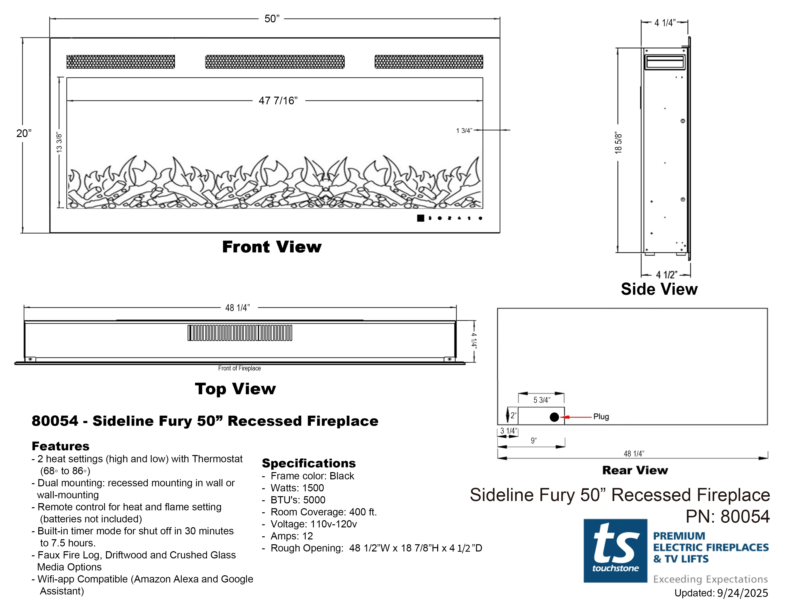 Sideline Fury 50 Inch Slim-Depth Recessed Smart Electric Fireplace 80054