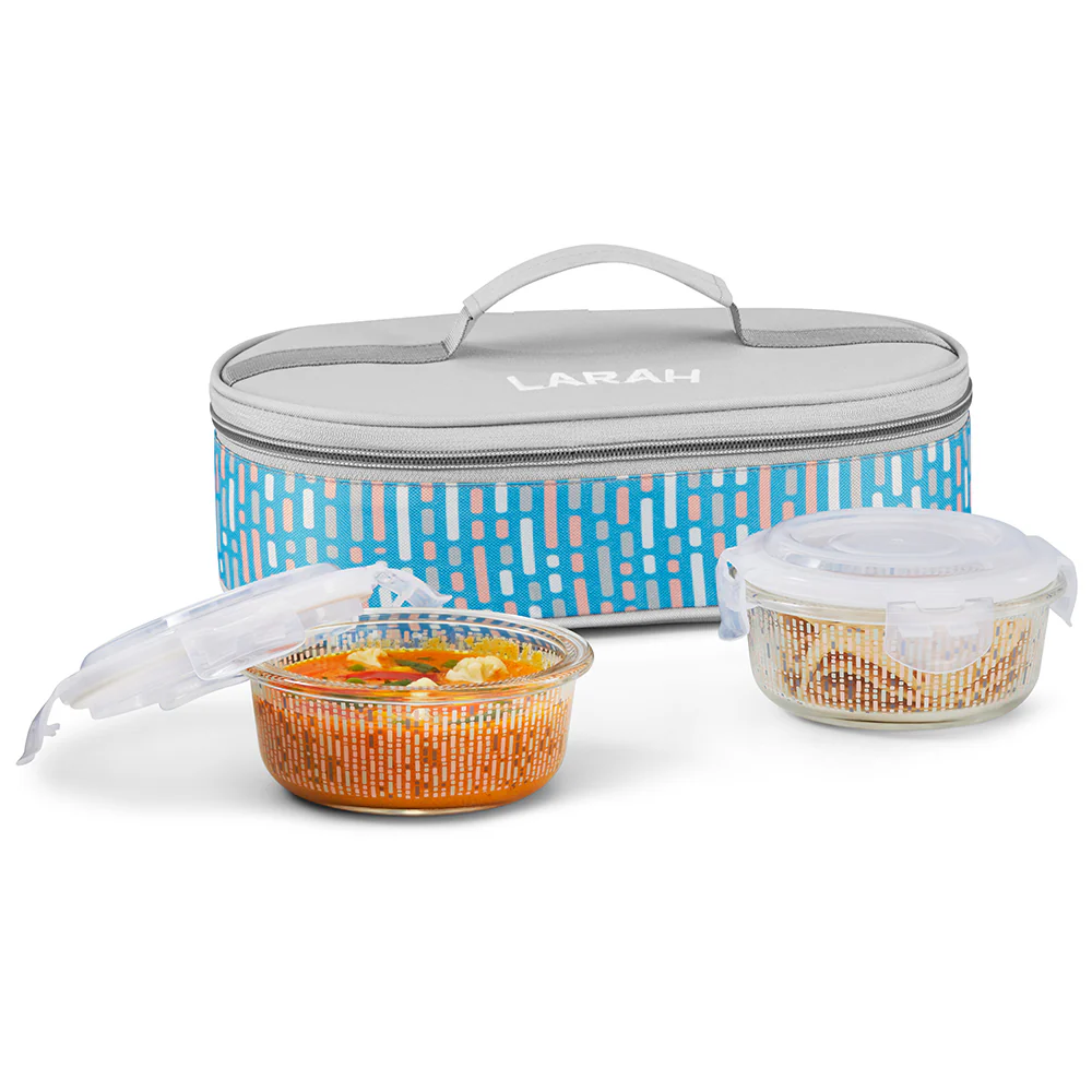 Larah Vogue Glass Lunchbox, Round x 2 (Flat), 400ml x 2
