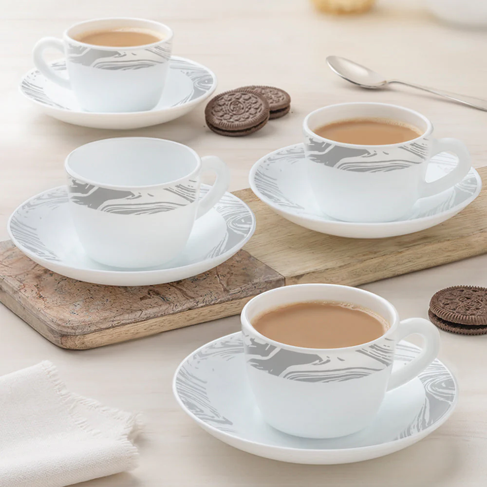 Larah by Borosil Marble Cup n Saucer Set, 140ml x 8