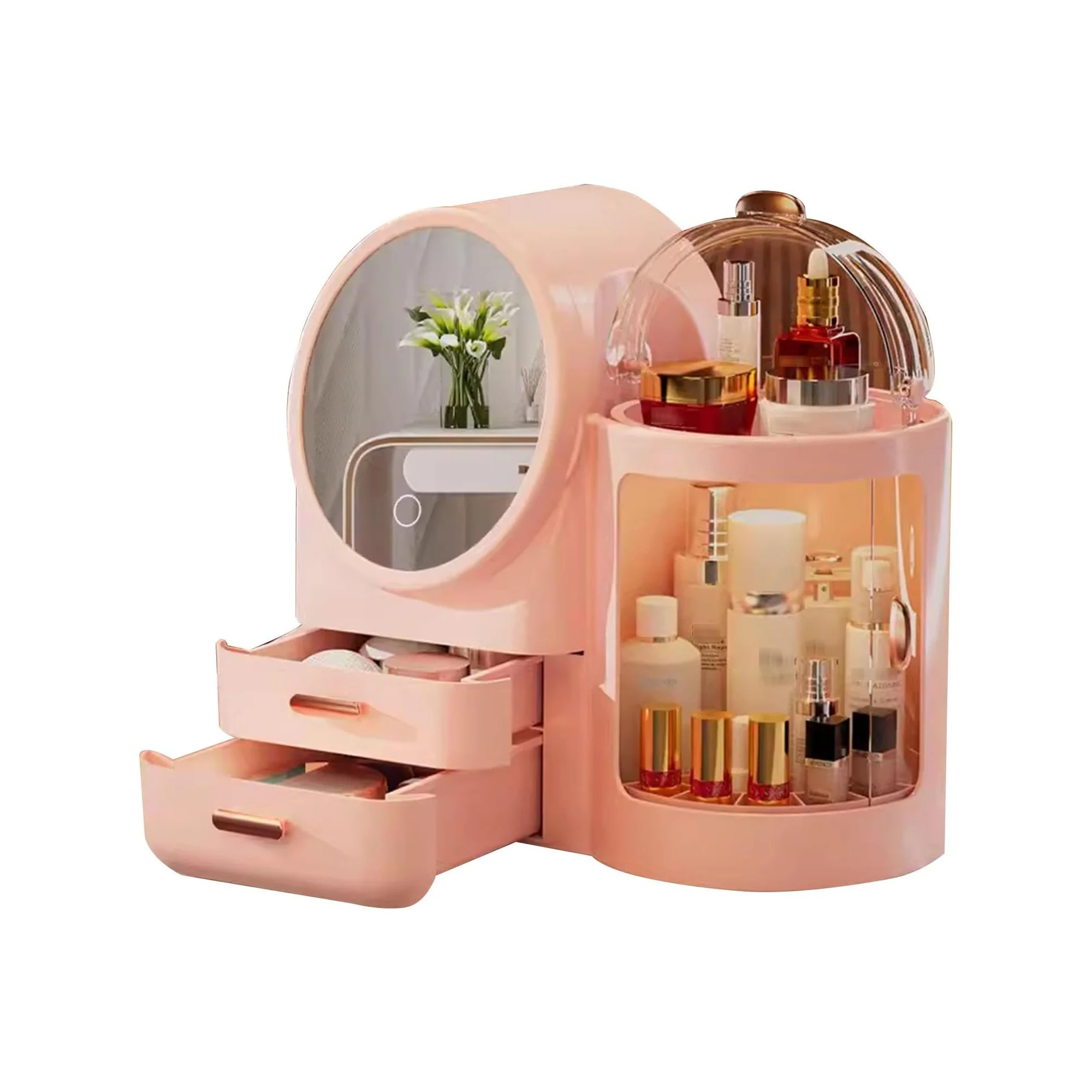 Antalya Cosmetics Storage Organizer with LED Lighted Mirror Pink