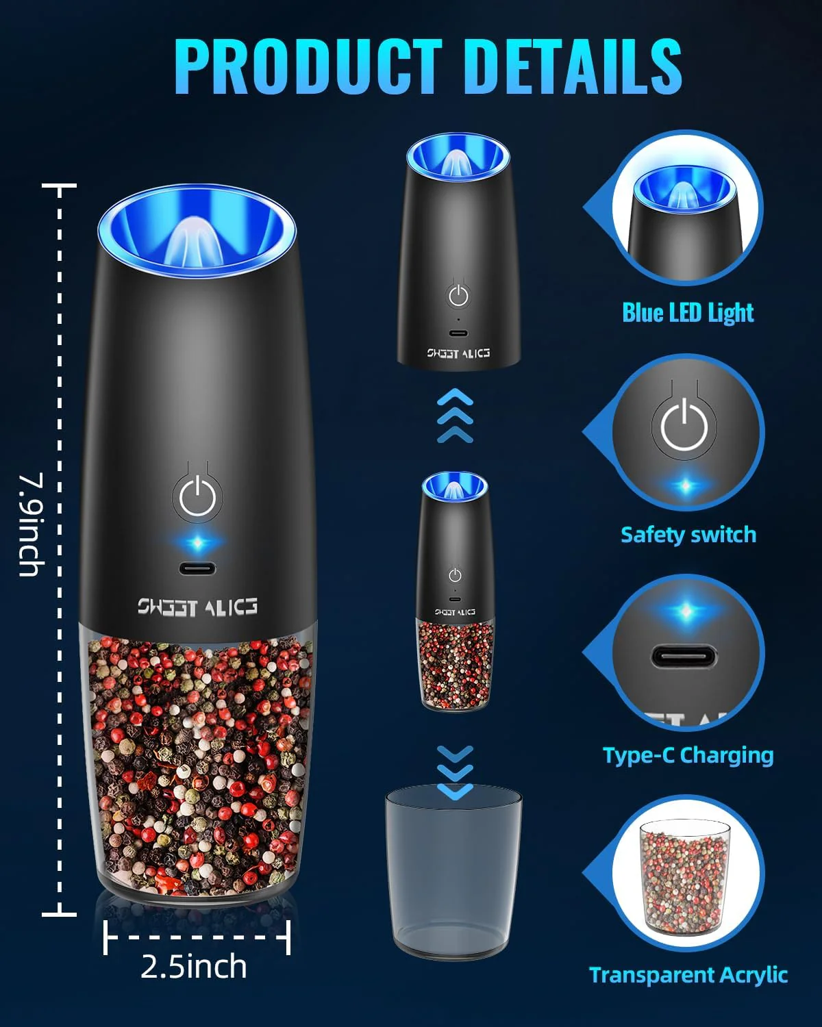Electric Salt & Pepper Grinder Set, Adjustable Coarseness, LED, One-Hand Use, Stainless Steel 2-Pack