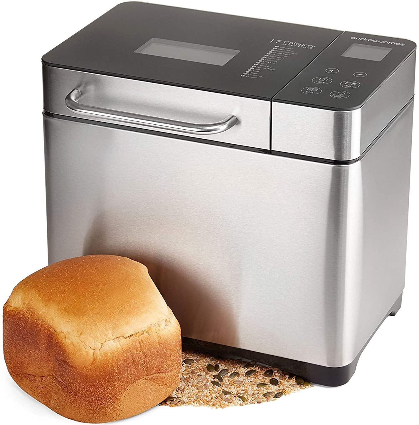 Stainless Steel Bread Machine, 2LB 17-in-1 Programmable XL Bread Maker with Fruit Nut Dispenser