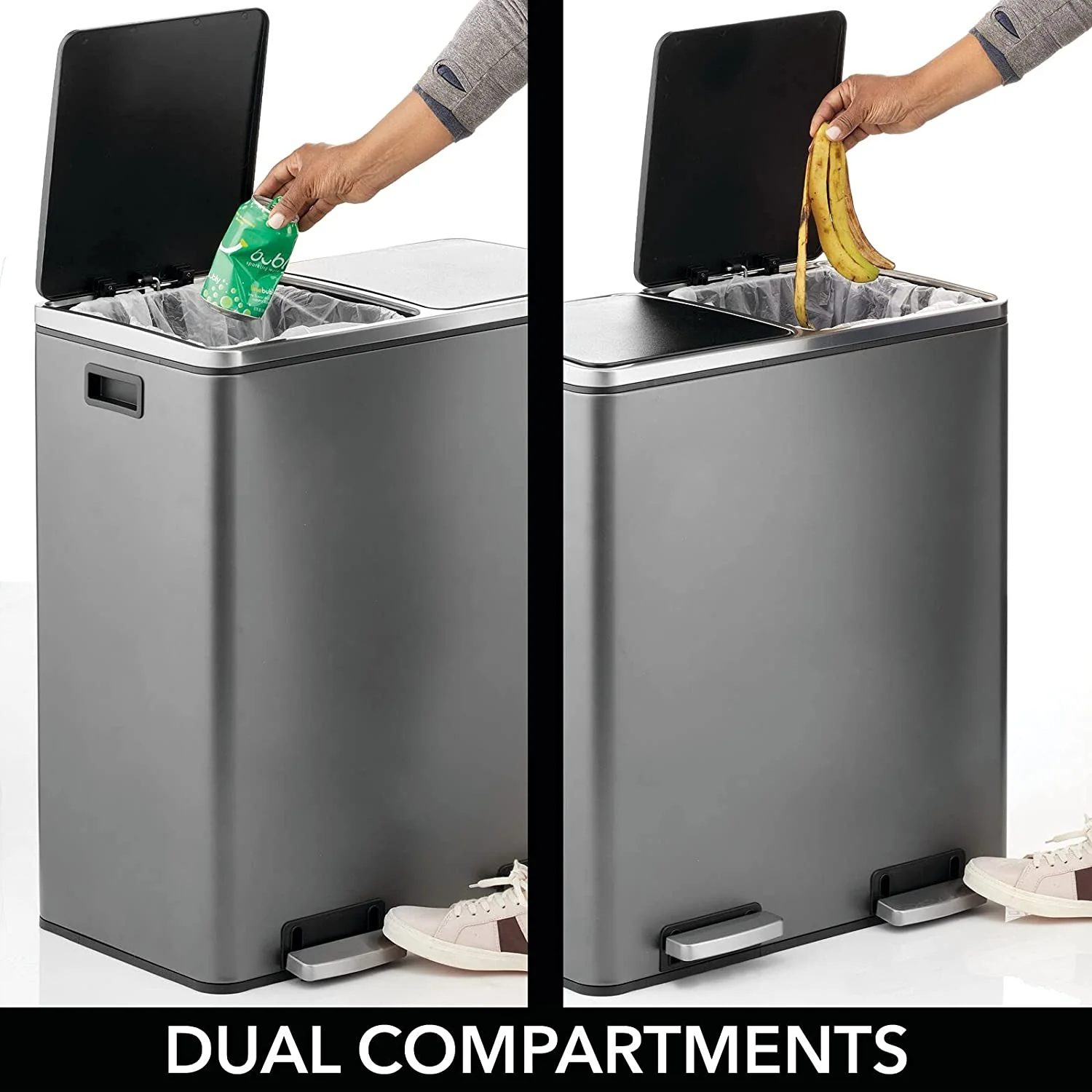 Large Dual Compartment Step Trash Can, Metal Steel 16 Gallon/60L