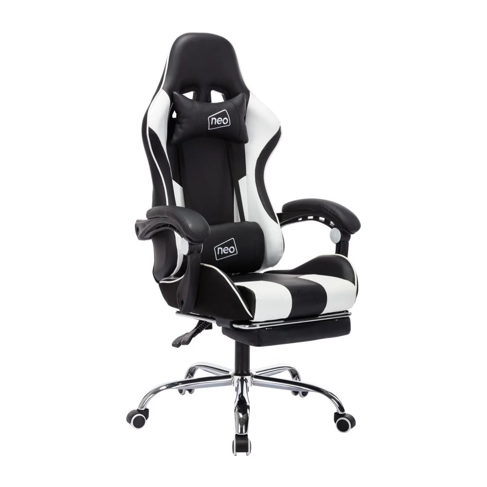 Neo Gaming Chair White  Black Leather with Massage Function & Footrest