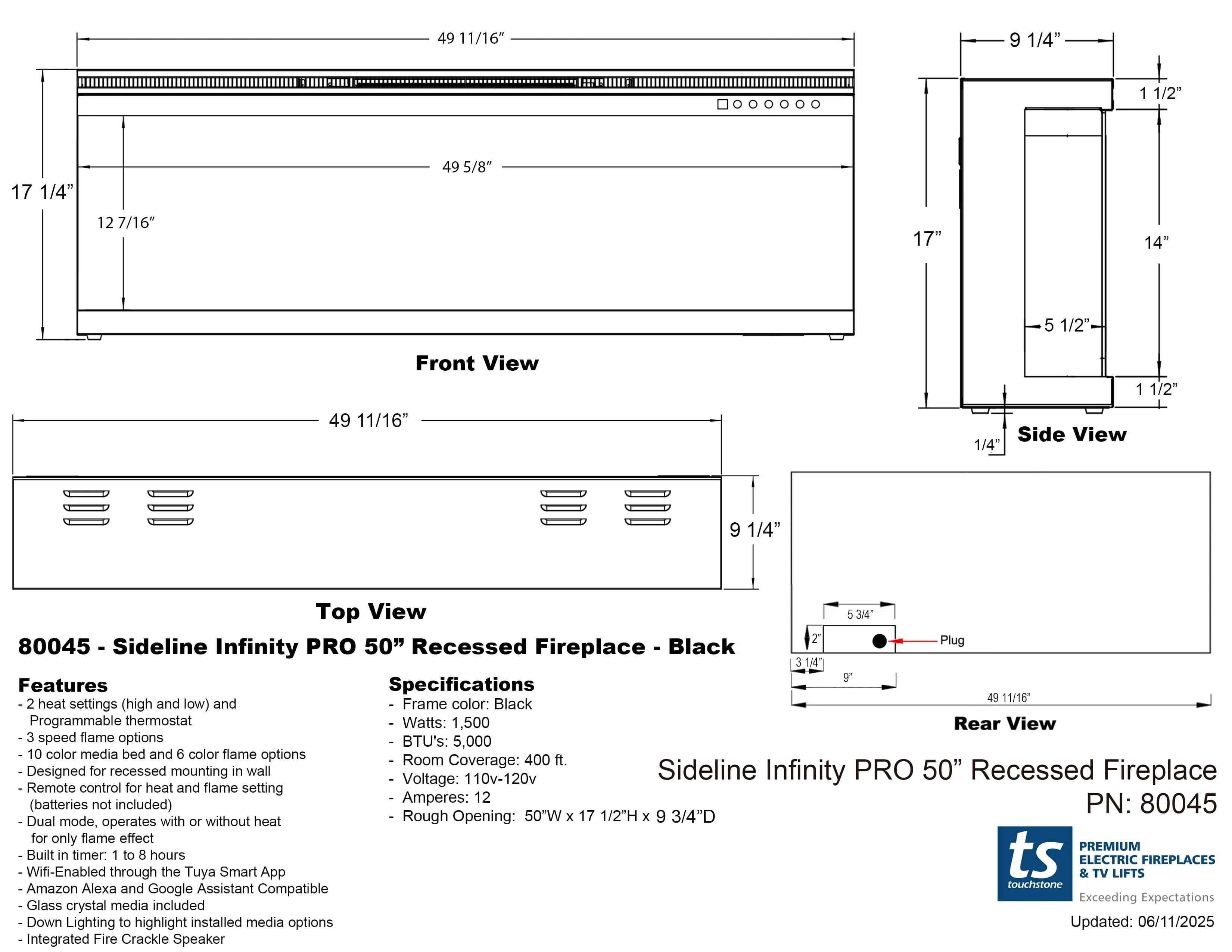 Sideline Infinity Pro 50 Inch 3 Sided Recessed Smart Electric Fireplace 80045
