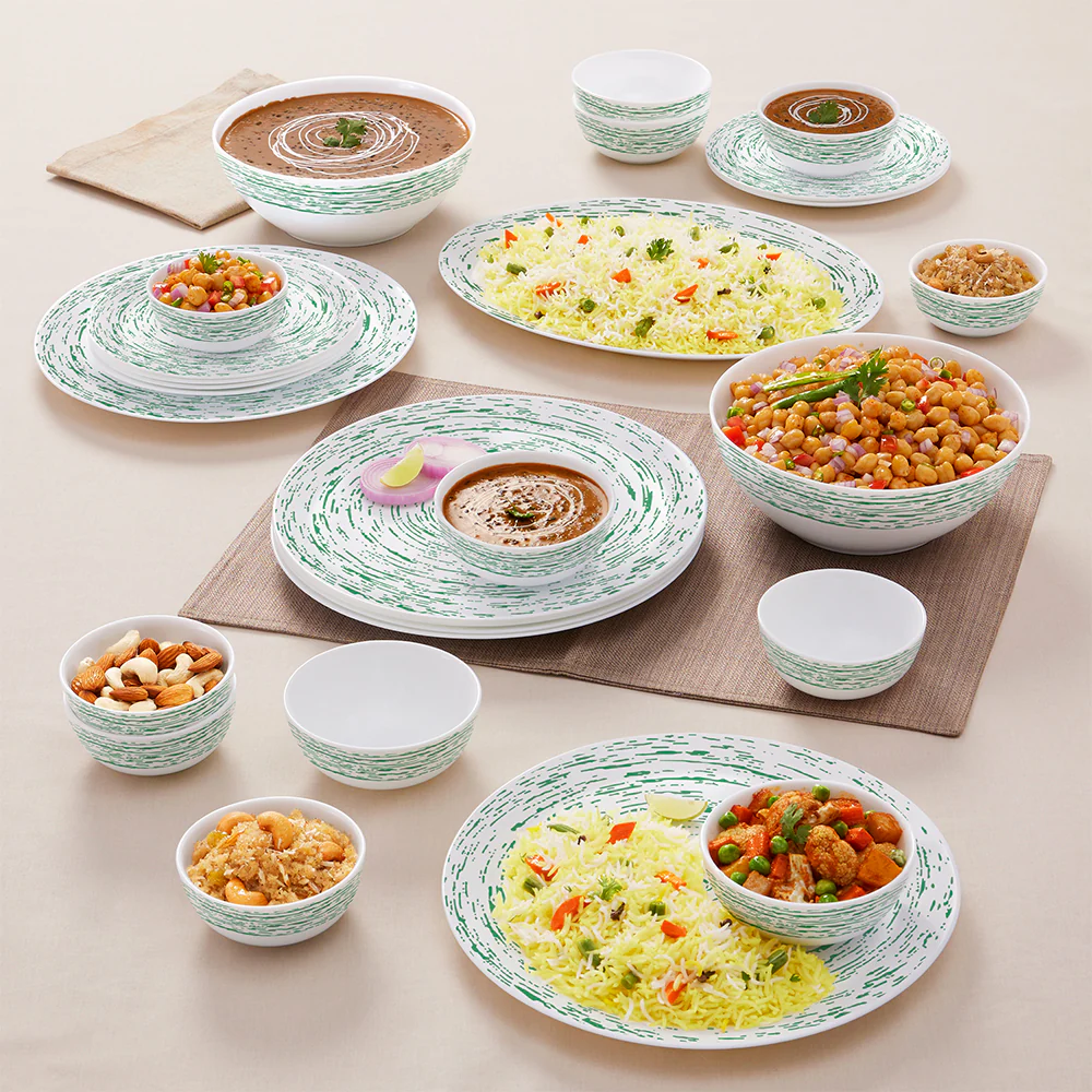 Larah by Borosil, Opalware, Microwave Safe, Green Nova Dinner Set, 27 pc