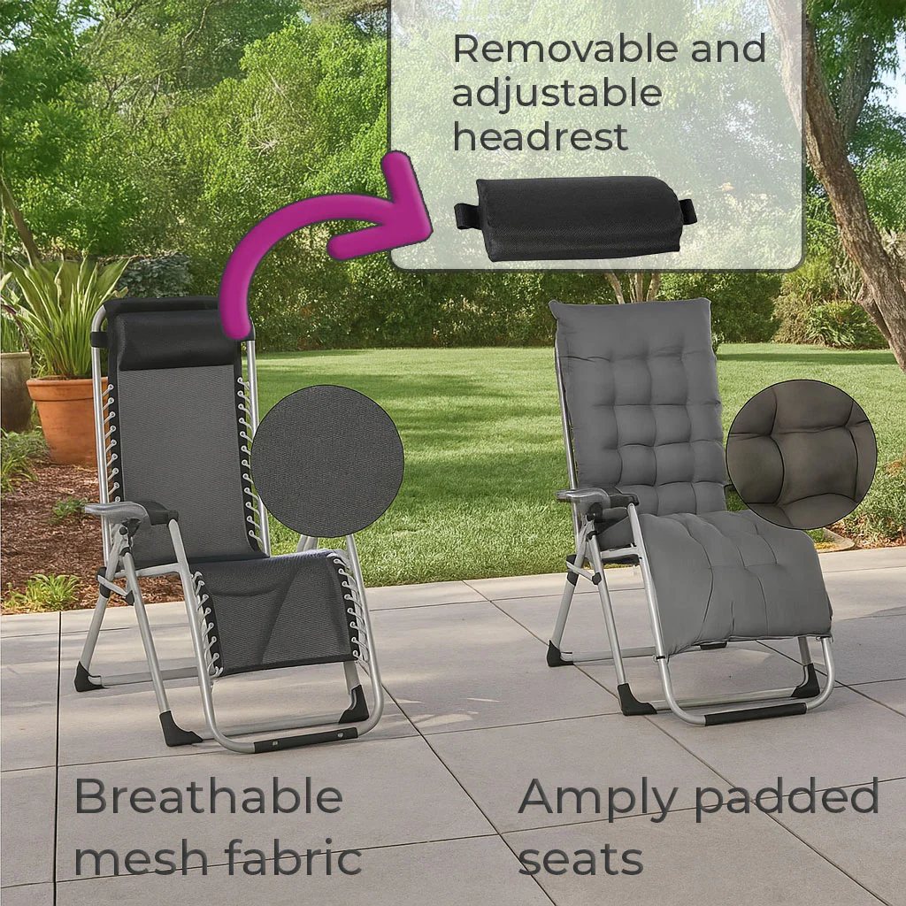 Neo Dark Grey Zero Gravity Sun Lounger With Padded Cushions Set of Two