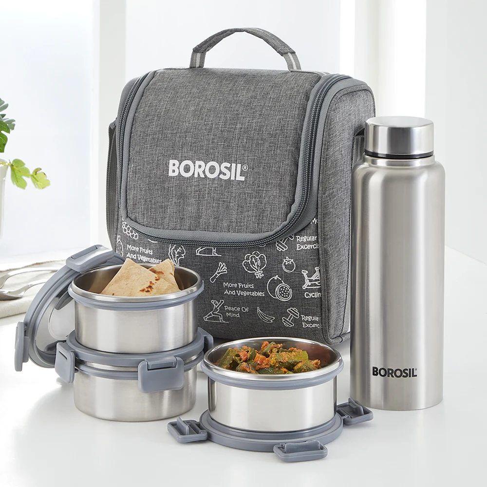 Borosil Slate Stainless Steel Lunchbox w SS Bottle, (280ml x 3) + (600ml Bottle x 1)