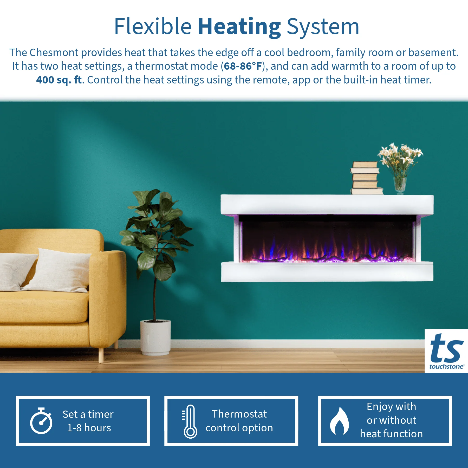 Chesmont White 50 Inch 80033 Wall Mount 3-Sided Smart Floating Electric Fireplace (Alexa/Google Compatible)