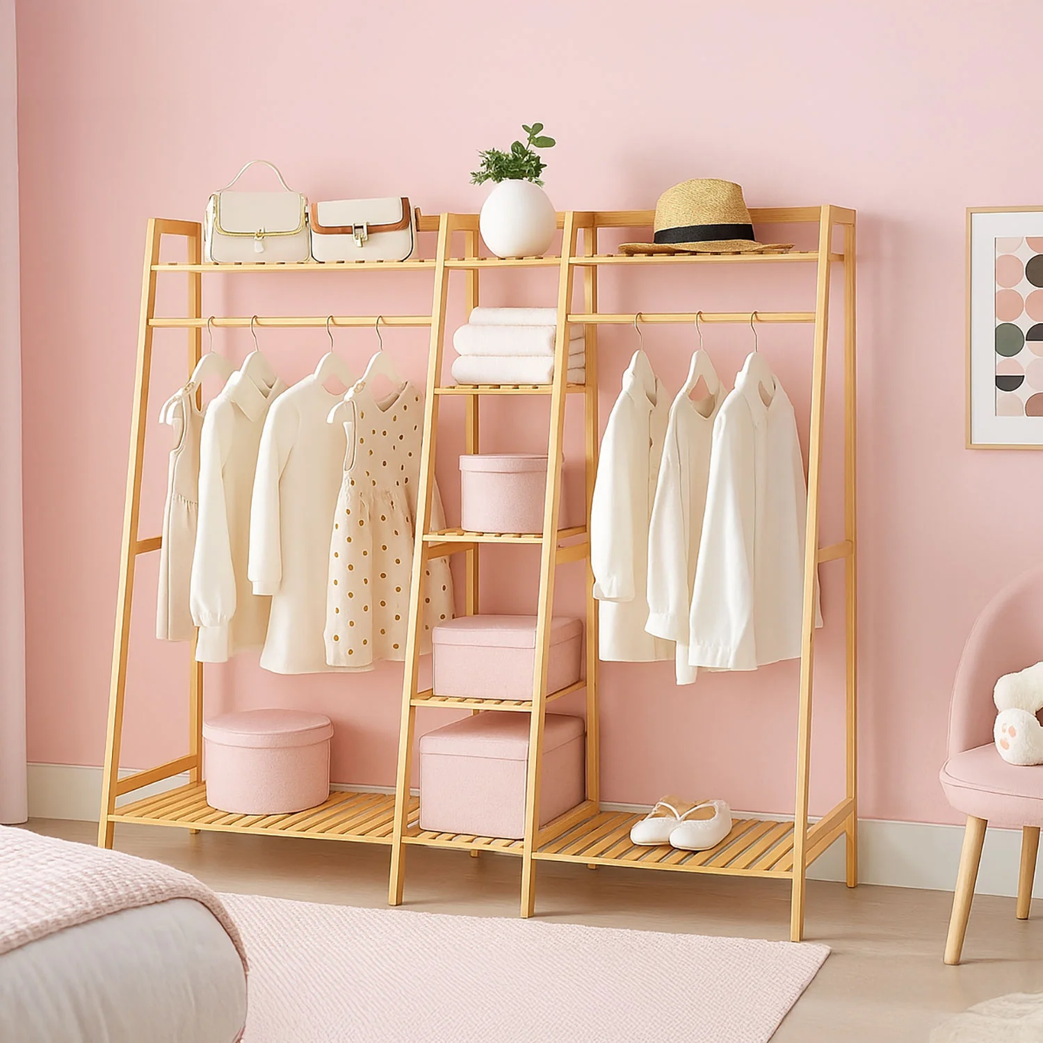 Neo Natural Bamboo Freestanding Open Clothes Rail & Shelves