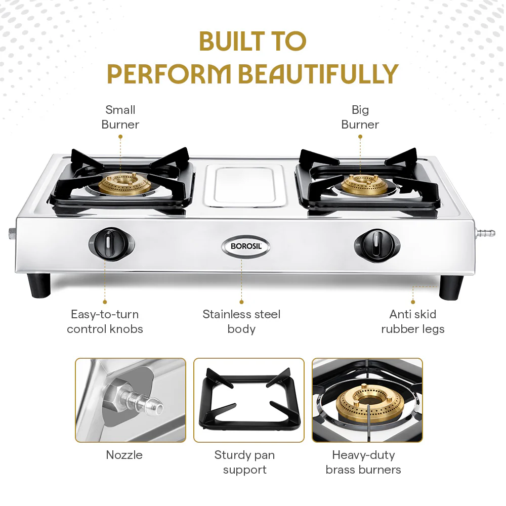 Borosil Smart Flame Stainless Steel Gas Stove, 2 Burners