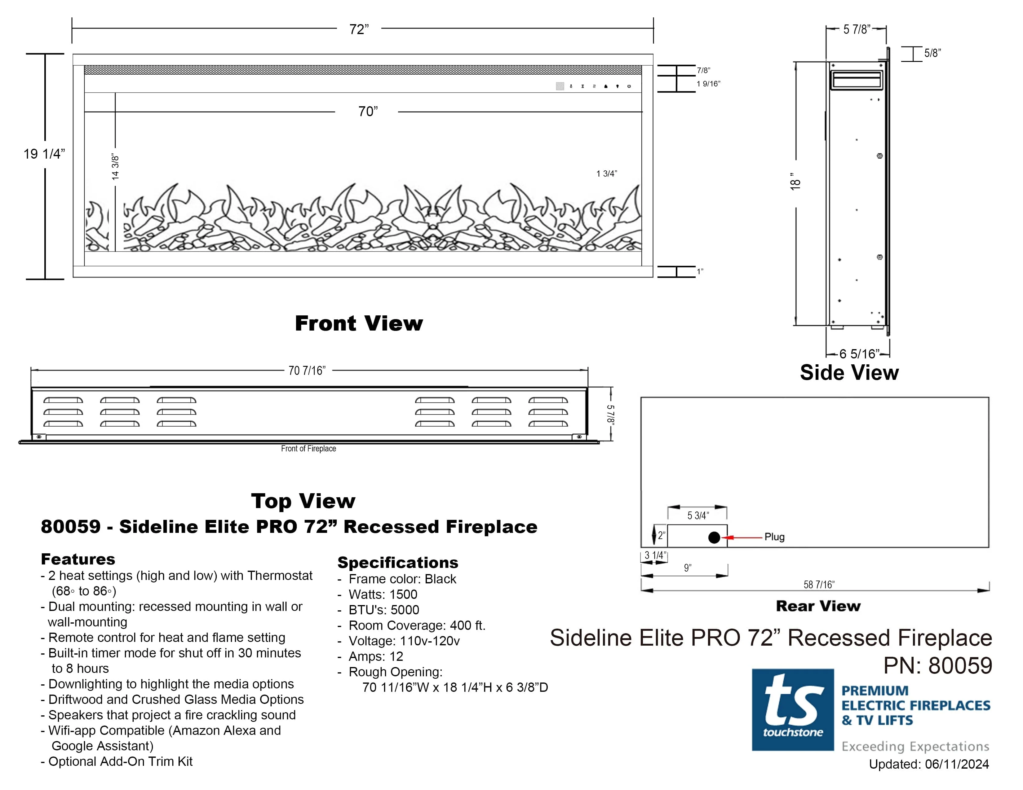Sideline Elite Pro 72-inch Smart Electric Fireplace 80059