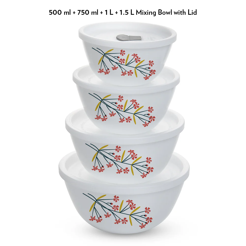 Larah by Borosil Red Bud 4 pc Mixing Bowl, 500 ml + 750 ml + 1 L + 1.5 L