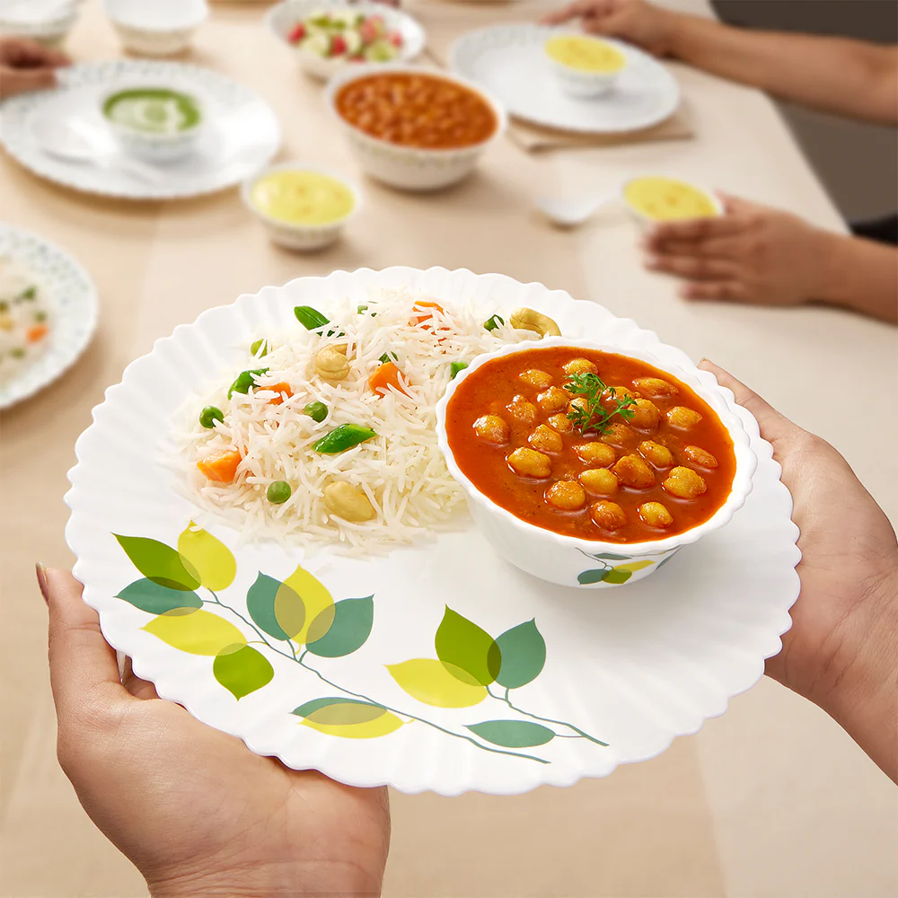 Larah by Borosil Green Leaves 35 pc Dinner Set w Vision Glass