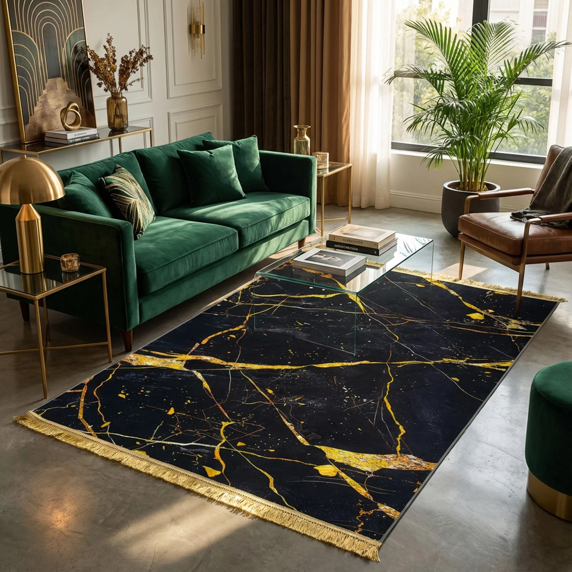 1.5 x 2m Marble Design Carpet Black & Gold