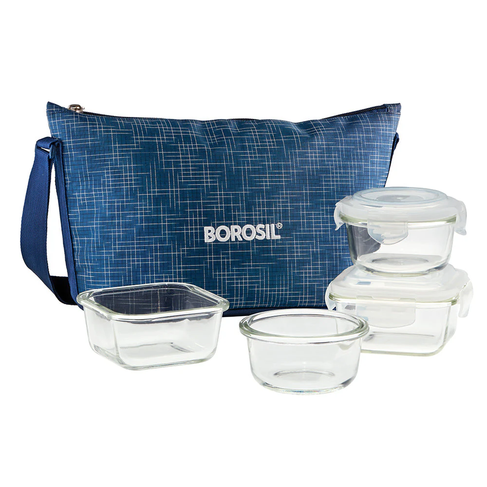 Borosil Indigo Daisy Lunchbox, 320ml x 2 (+) 240ml x 2