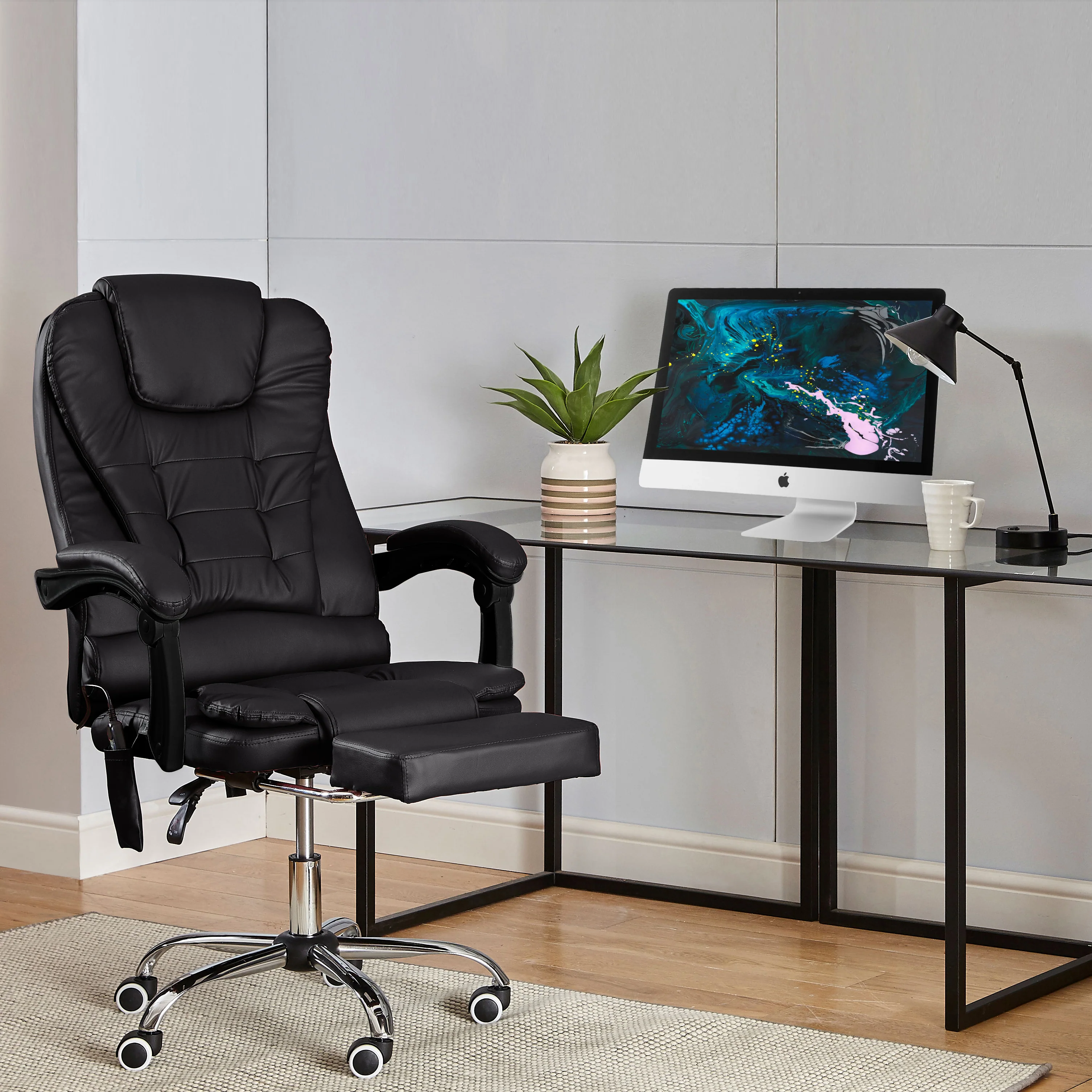 Neo Office Chair Black Faux Leather With Footrest & Massage Function Steel Frame