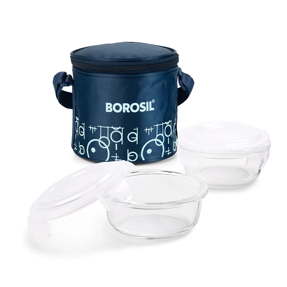 Borosil Grace Navy Glass Lunchbox, Round x 2 (Tall)