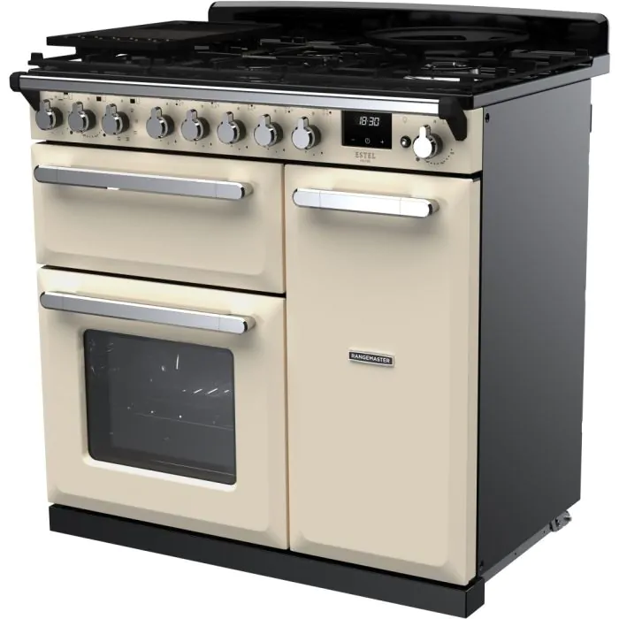 Rangemaster Estel Deluxe 90cm Dual Fuel Range Cooker Pale Cream/Chrome | ESDL90DFPPCR/CM1