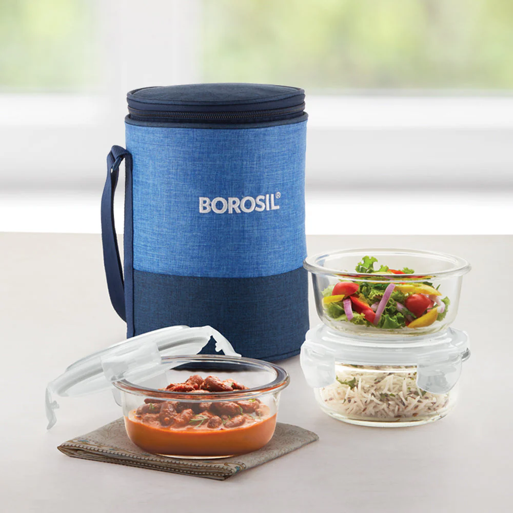 Borosil Prime Glass Lunchbox, Round x 3, 400ml x 3