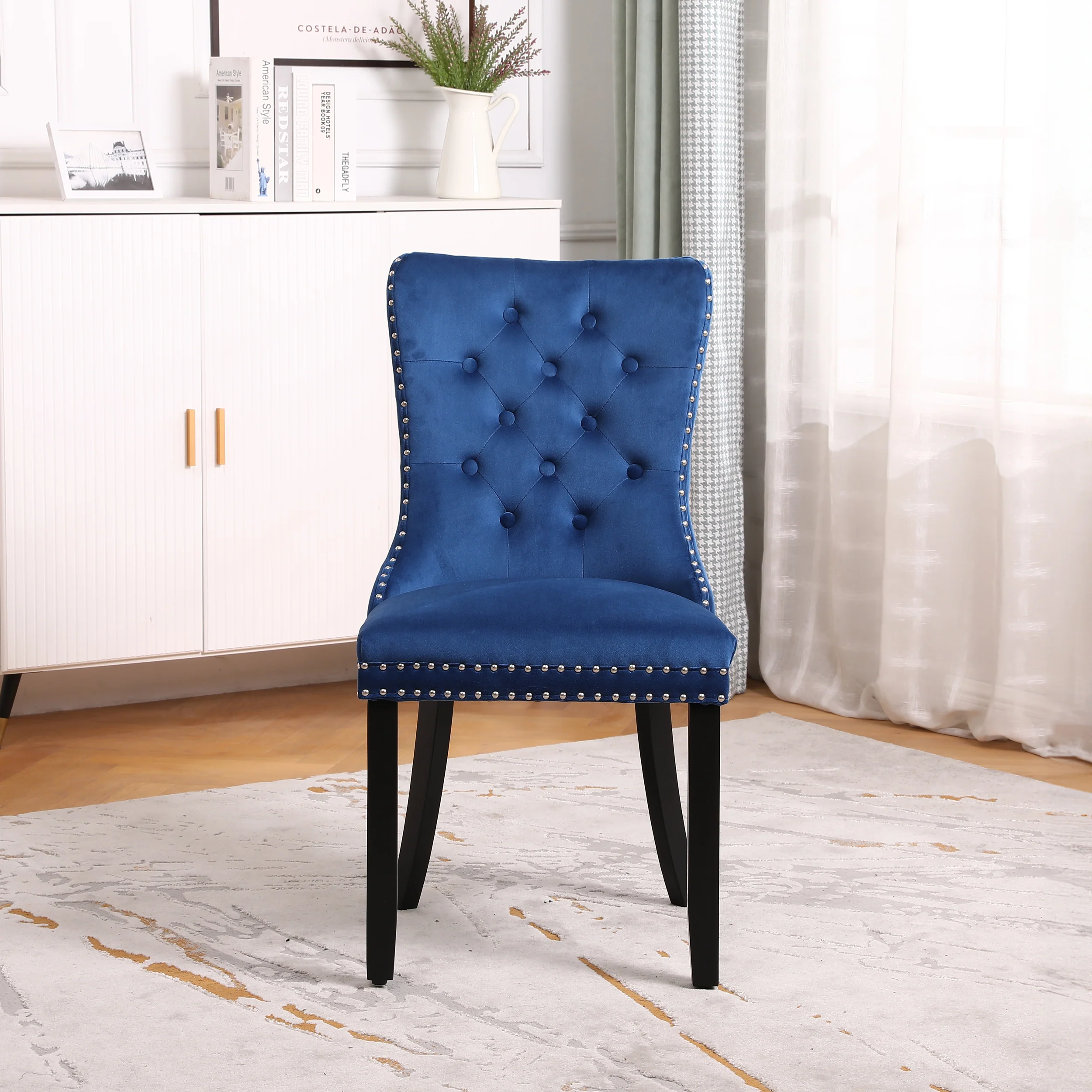 Neo Set Of Four Midnight Blue Studded Velvet Dining Chairs with Ring Knocker Detail