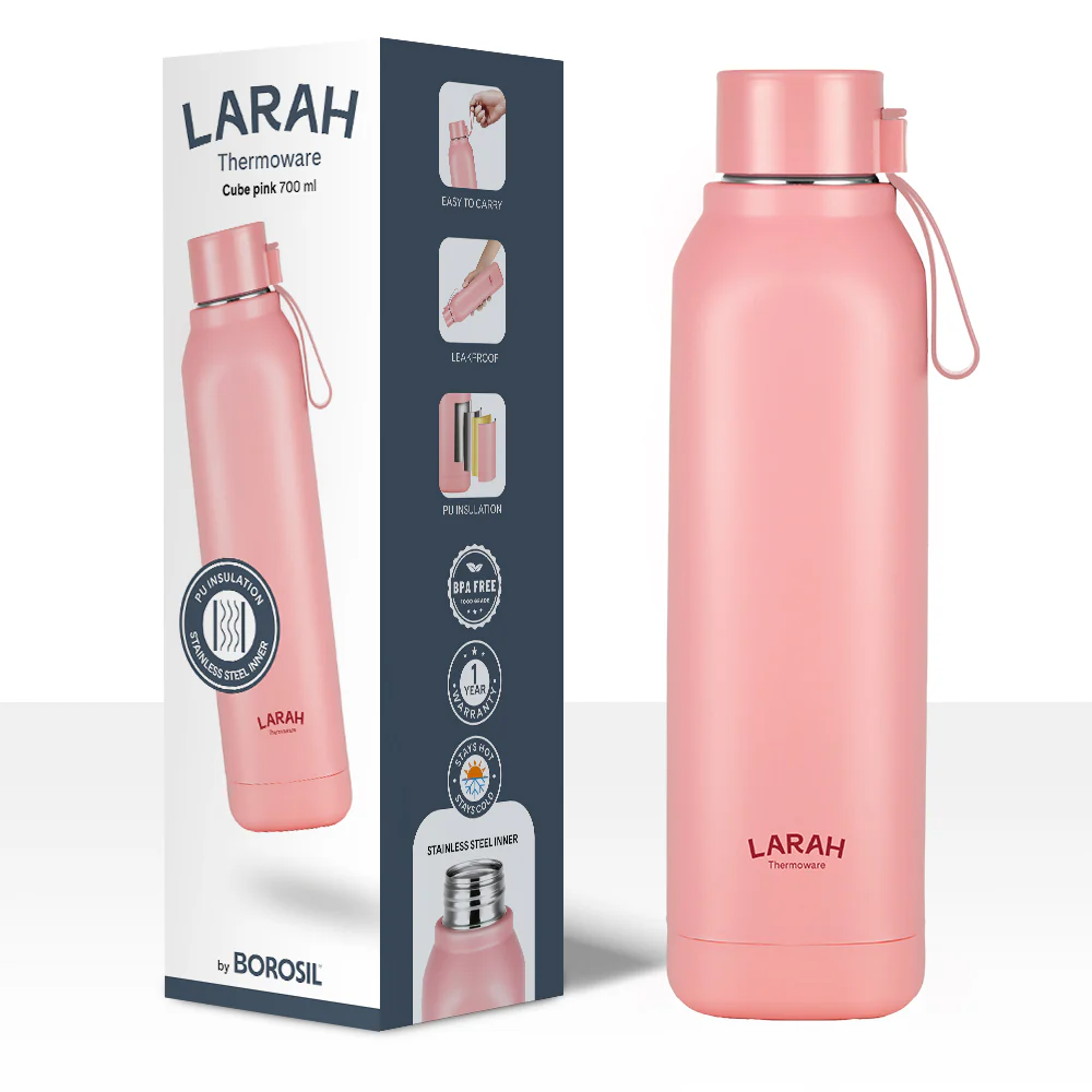 Larah Cube Square PU Thermoware Bottle, 700 ml, Pink
