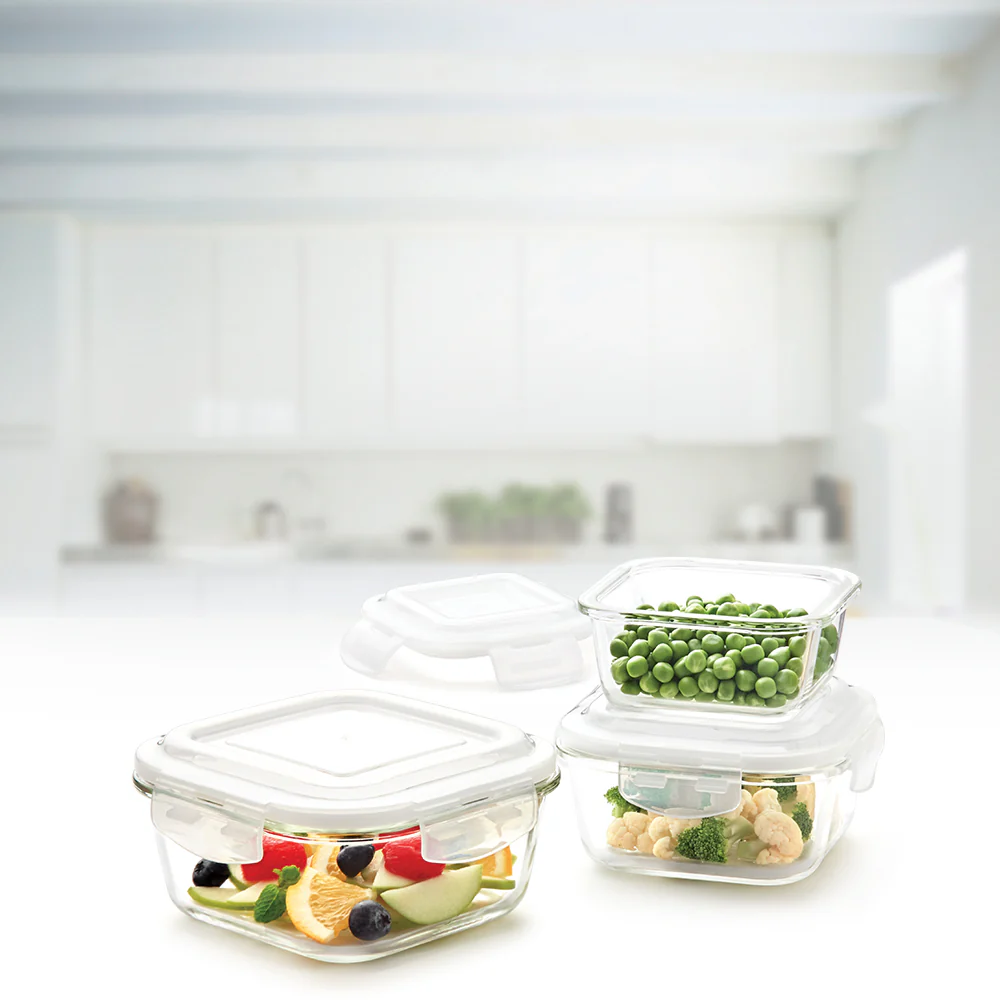 Borosil Tuff-Glass Klip n Store, Square, Set of 3, Containers