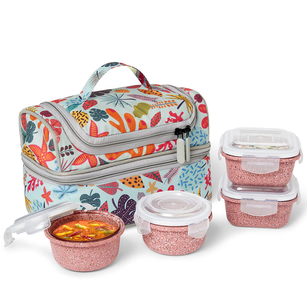 Borosil Bloom Pink Universal Glass Lunchbox, 320ml x 2 + 240ml x 2