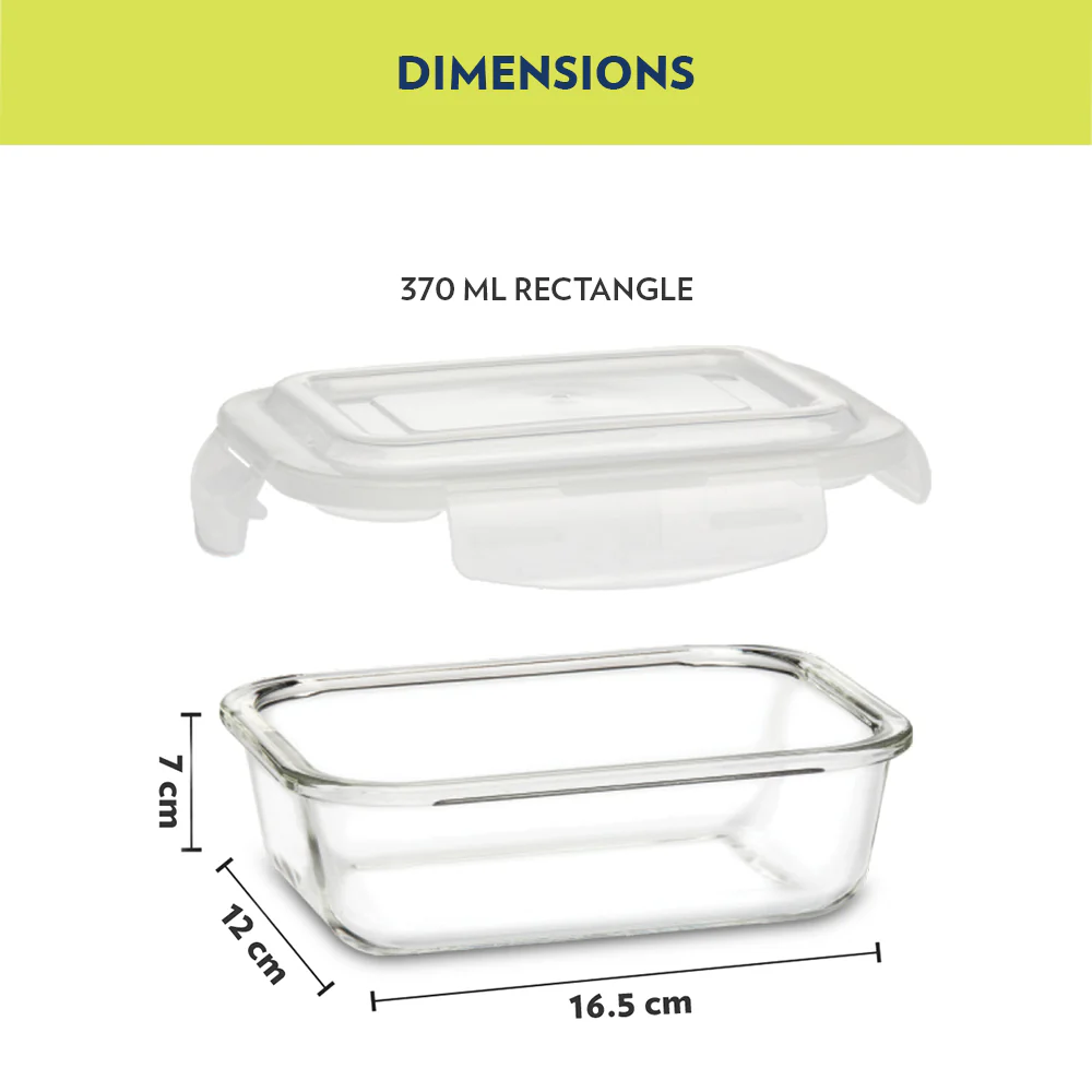 Steller Glass Lunch Box, Rectangular x 2 (Flat), Set of 2, 370ml