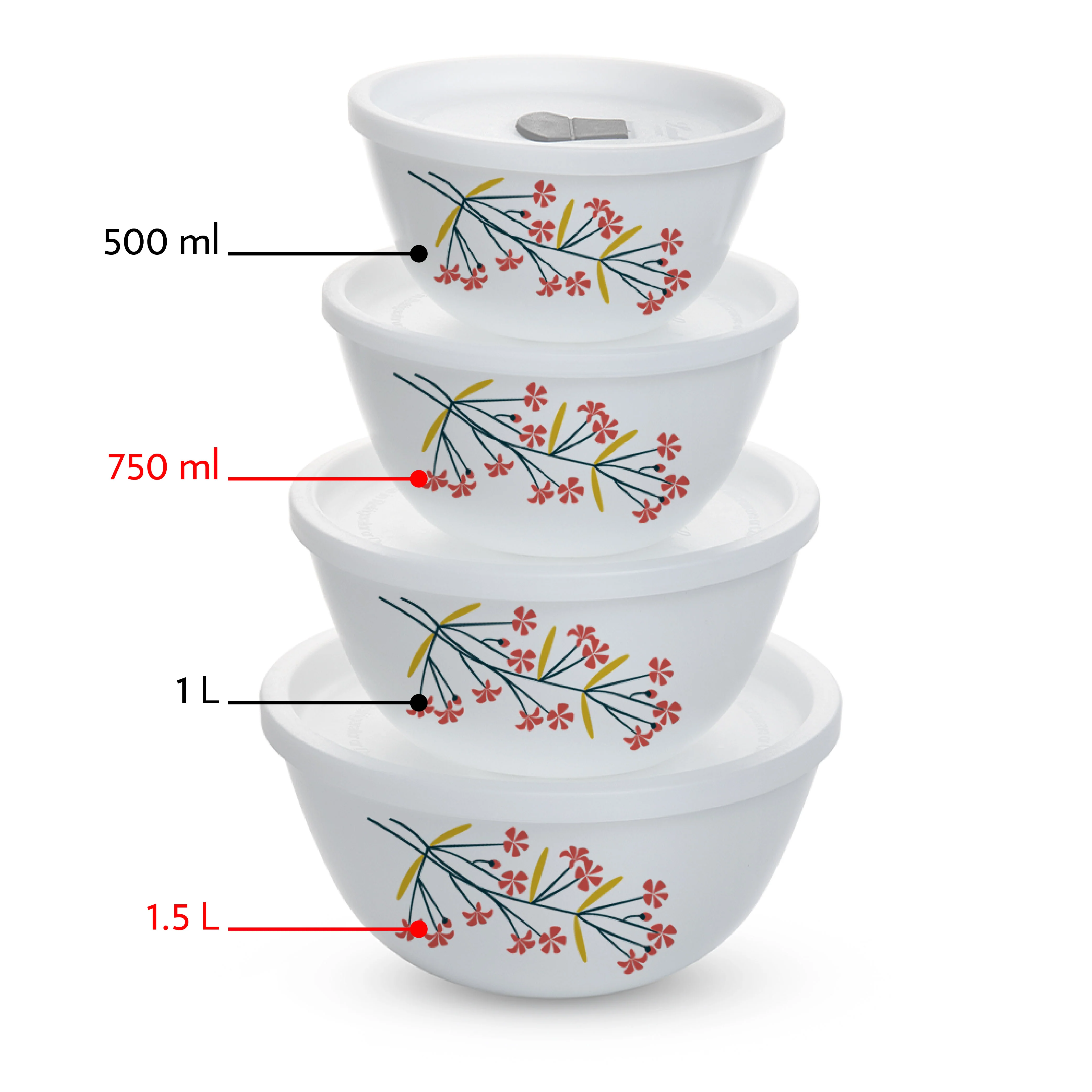 Larah by Borosil Red Bud 4 pc Mixing Bowl, 1 .5 L + 750 ml