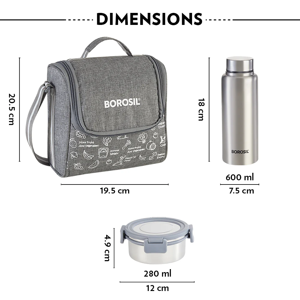Borosil Slate Stainless Steel Lunchbox w SS Bottle, (280ml x 3) + (600ml Bottle x 1)