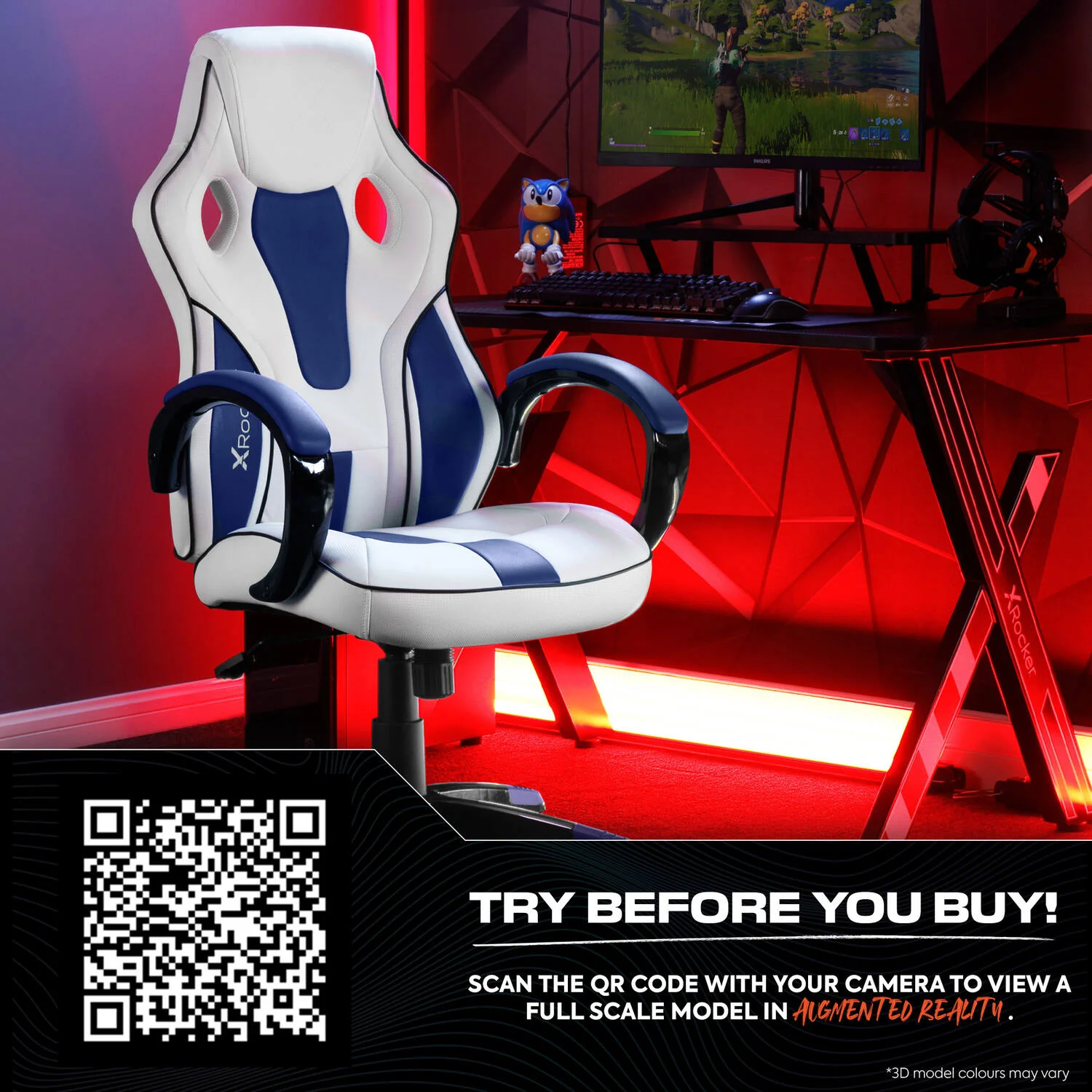Maverick Ergonomic PC Office Gaming Chair - White / Blue