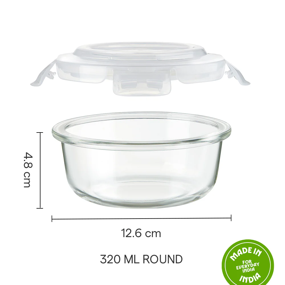 Borosil Klip n Store Round Glass Container, 320 ml