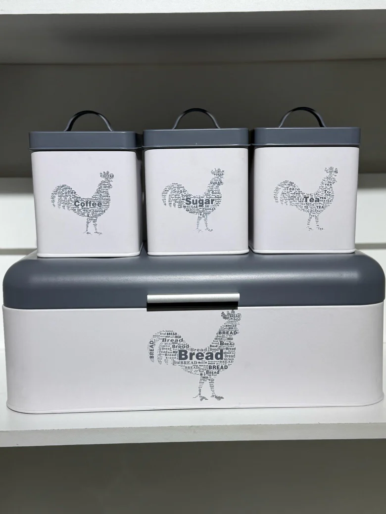CH 4 Piece Rooster Canister Set Grey & White