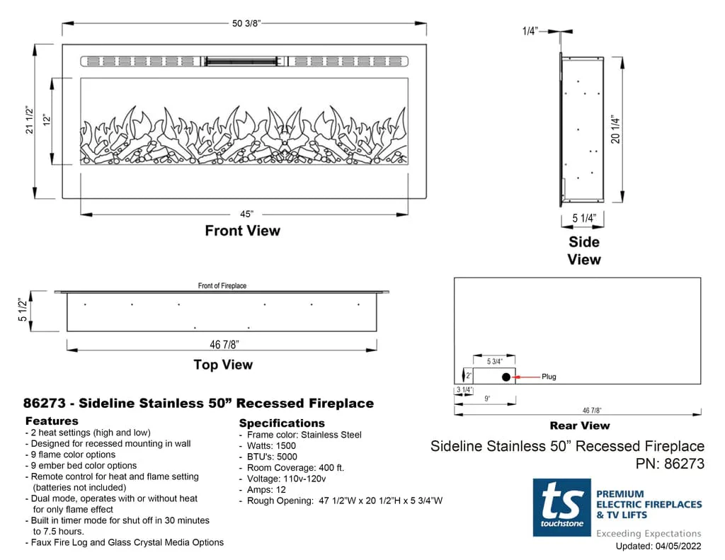 The Sideline Deluxe Stainless Steel 50 Inch Recessed Smart Electric Fireplace 86273