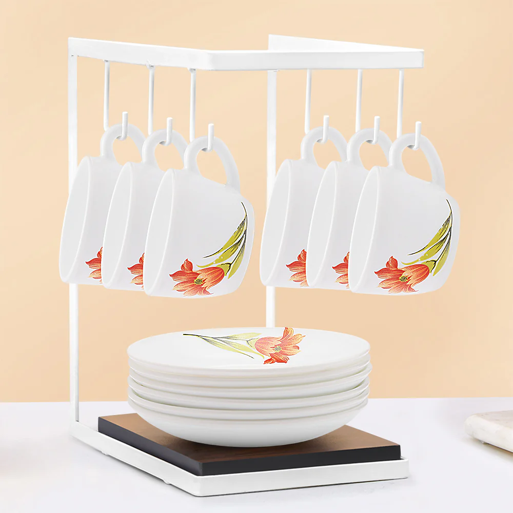 Larah by Borosil Red Iris Cup n Saucer Set, 90ml x 12