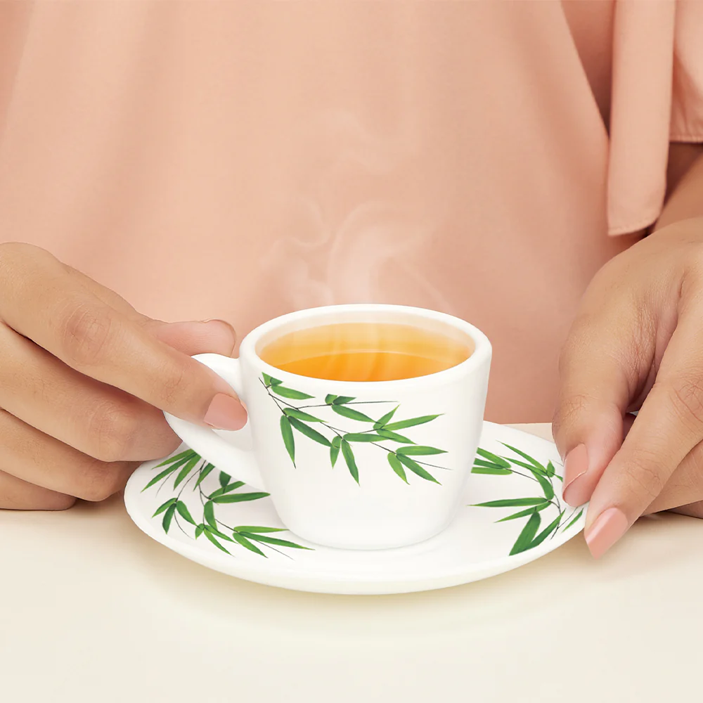 Larah by Borosil Bamboo Leaves Cup n Saucer Set, 90ml x 12