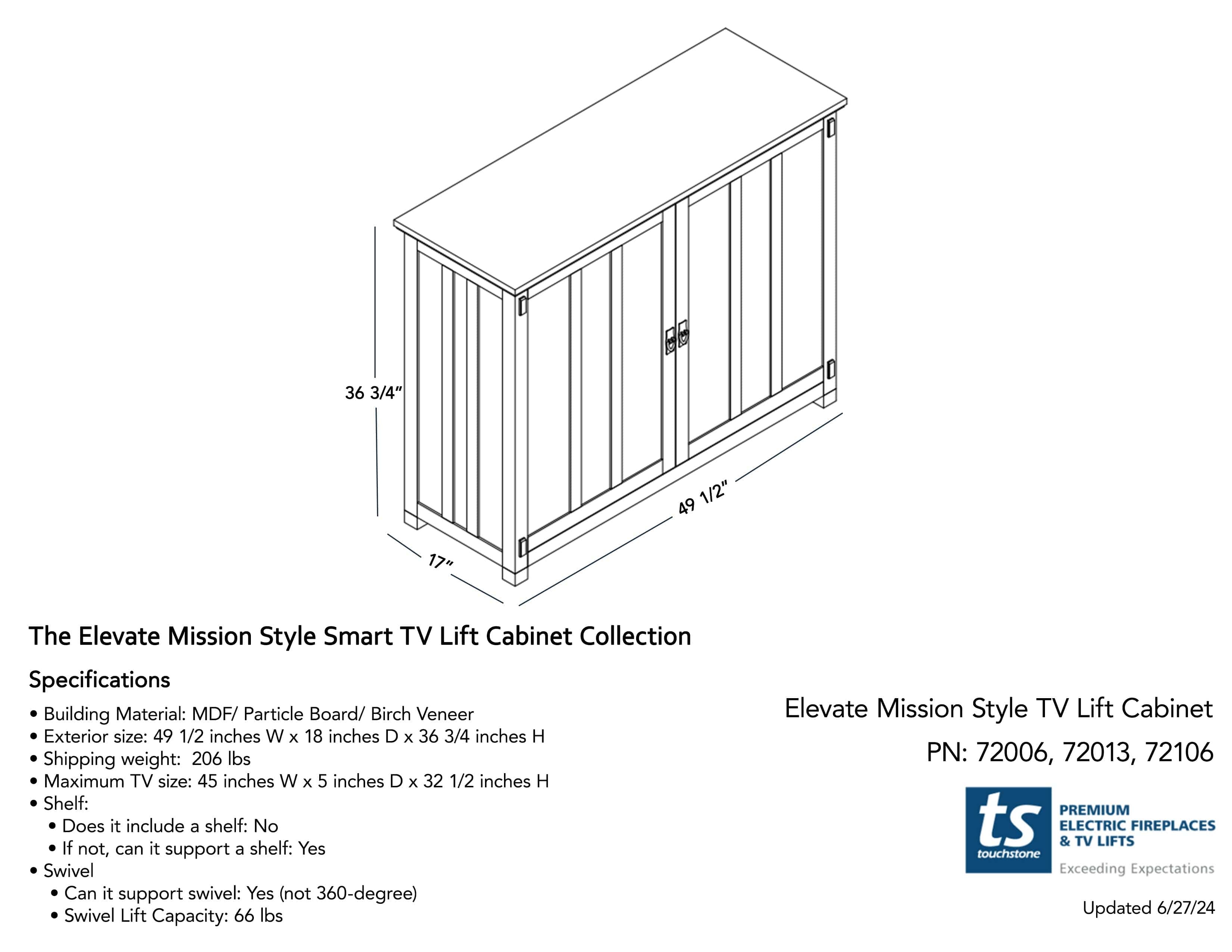The Elevate 72006 Mission Style Smart TV Lift Cabinet for 50 Inch Flat screen TVs