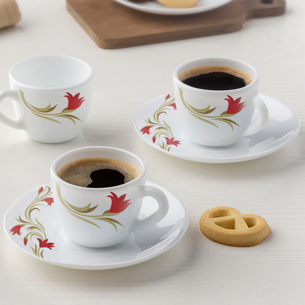 Larah by Borosil Red Lily Cup n Saucer Set, 140ml x 12