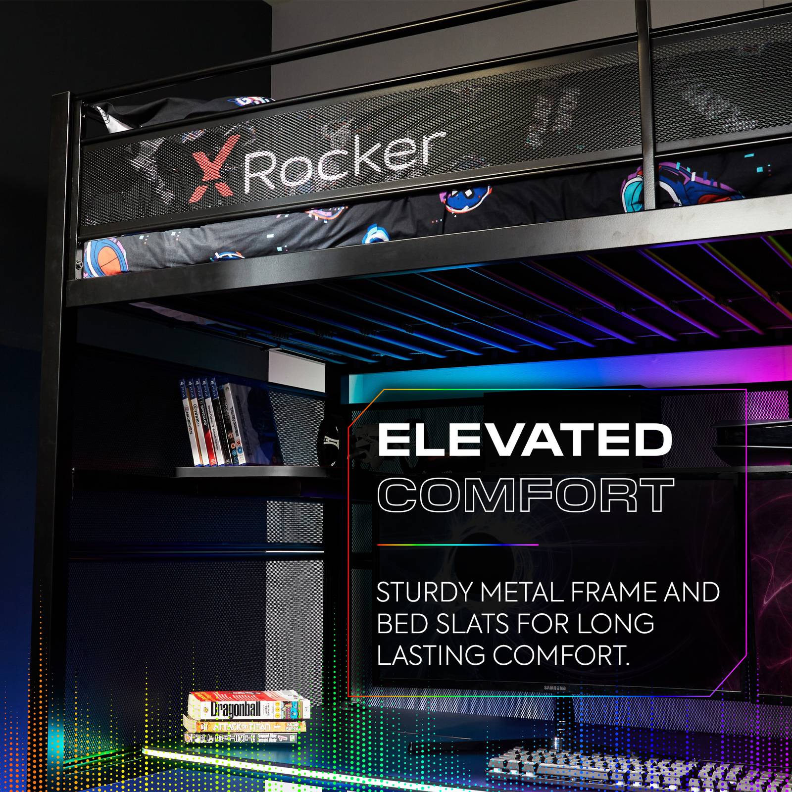 Battlebunk RGB LED High Sleeper Gaming Bunk Bed with Desk - Black