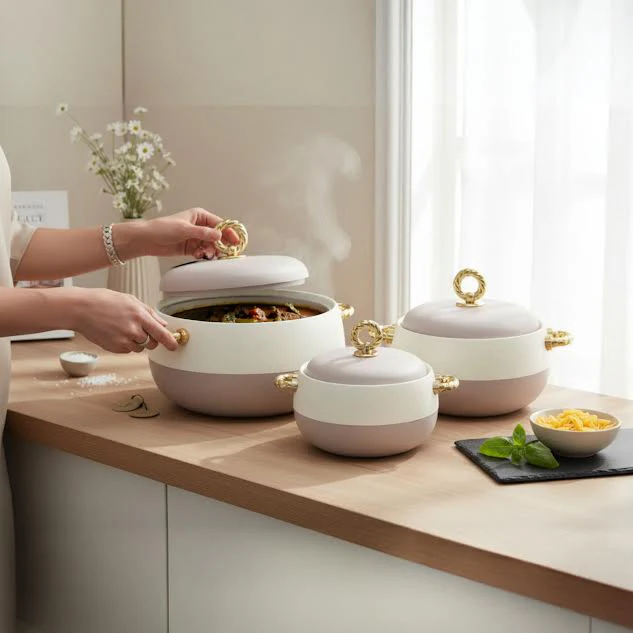 3 Piece Luxury Food Thermo Casserole Set Beige & White