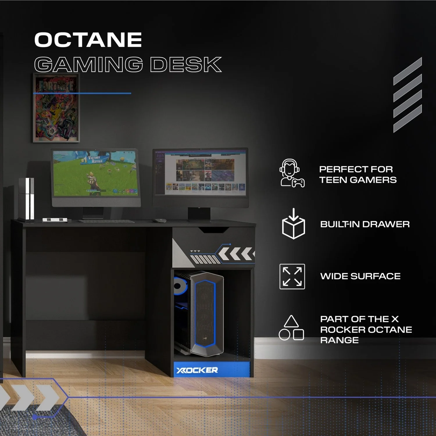 Octane 110cm Gaming Desk with Drawer - Blue