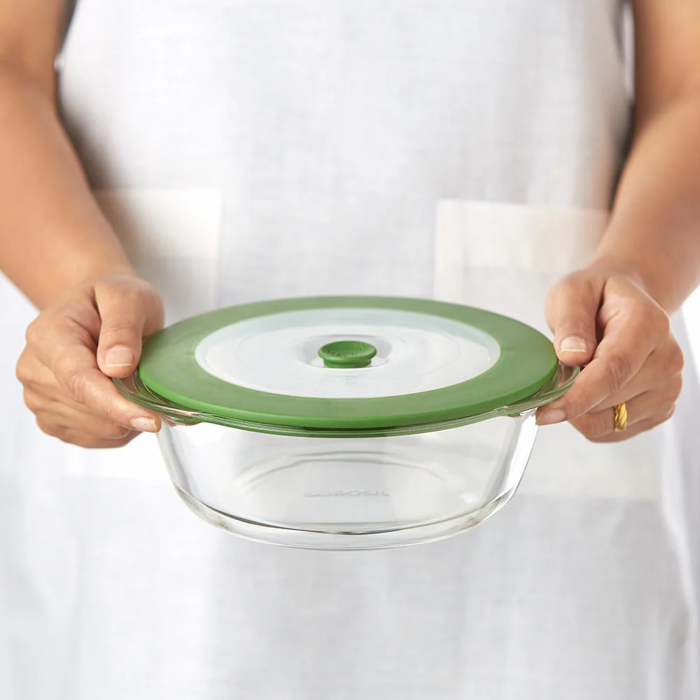 Borosil Round Dish w Green Lid, 1L