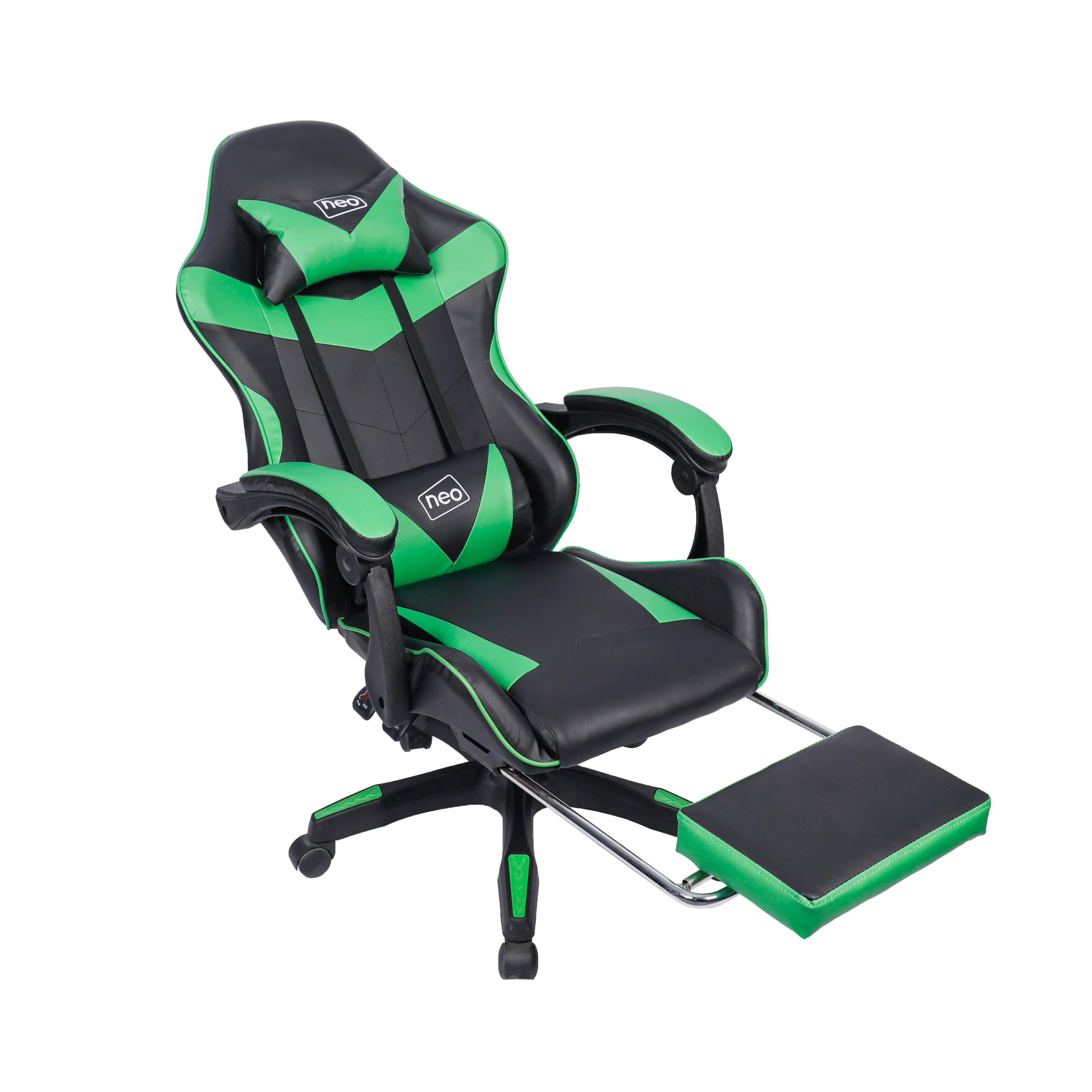 Neo Gaming Chair Green & Black Leather with Footrest