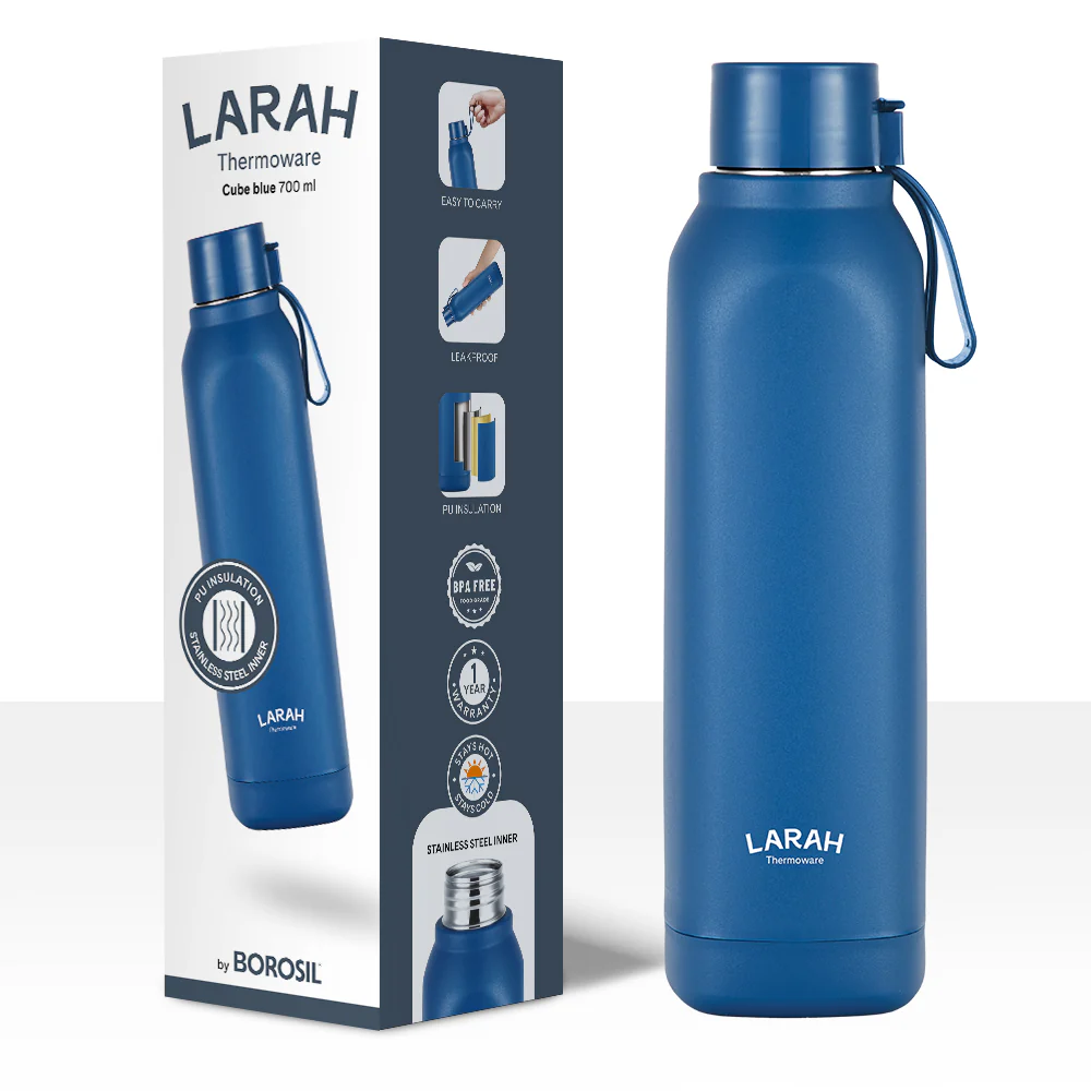 Larah Cube Square PU Thermoware Bottle, 700 ml, Blue