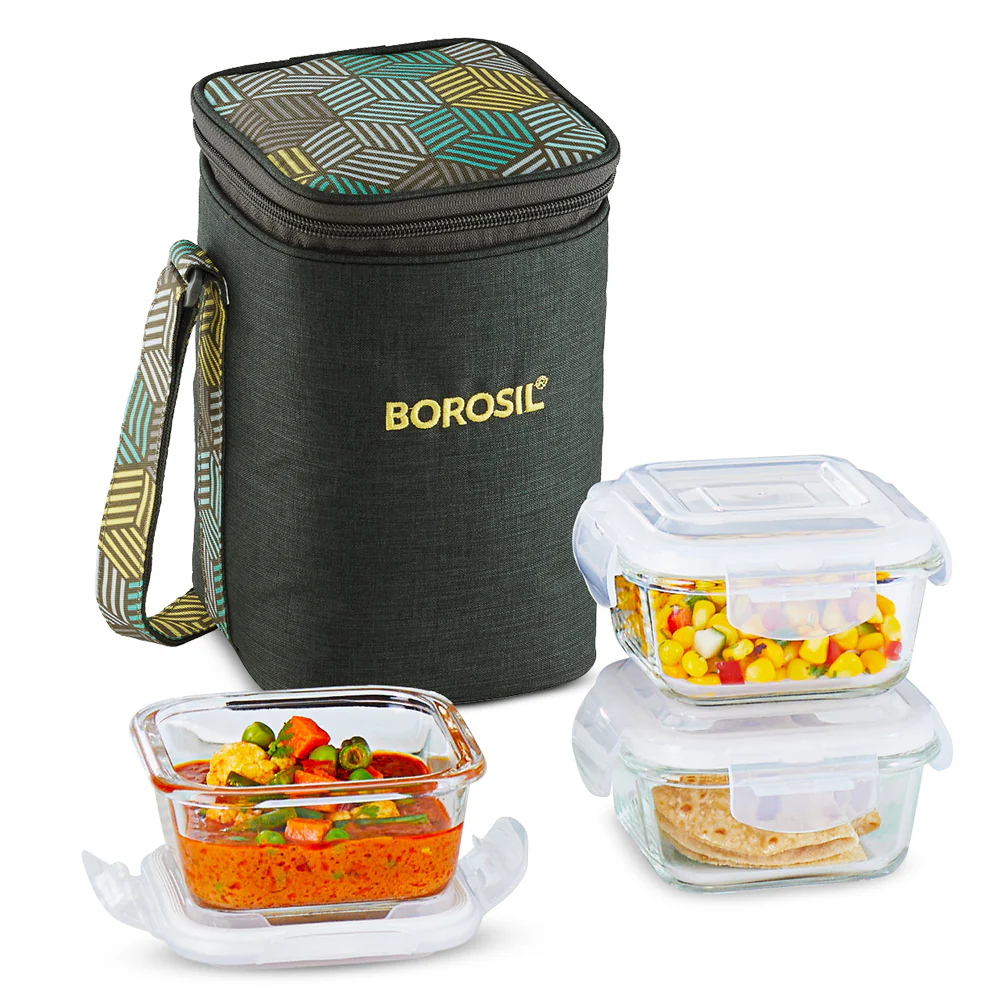 Borosil Foodluck Olive Glass Lunchbox, Square x 3