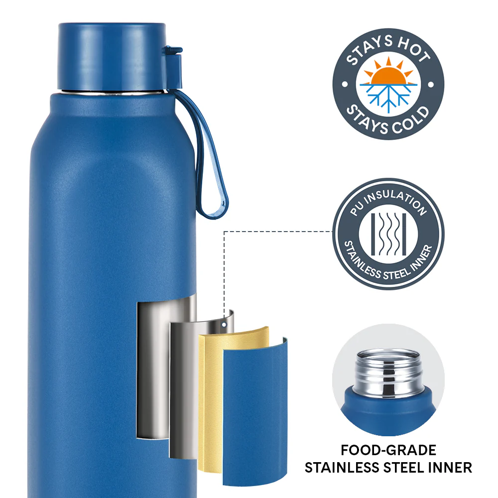 Larah Cube Square PU Thermoware Bottle, 700 ml, Blue